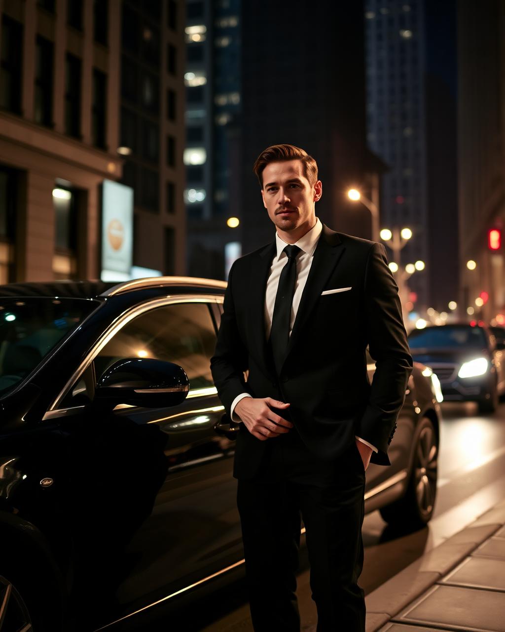 NM Luxury chauffeur opening the door of a black luxury sedan on a Manhattan street at golden hour