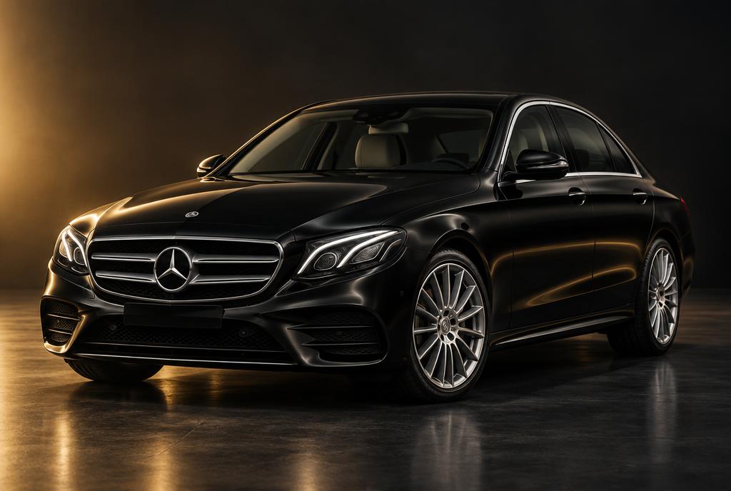 Black Mercedes-Benz E-Class in the NM Luxury studio fleet