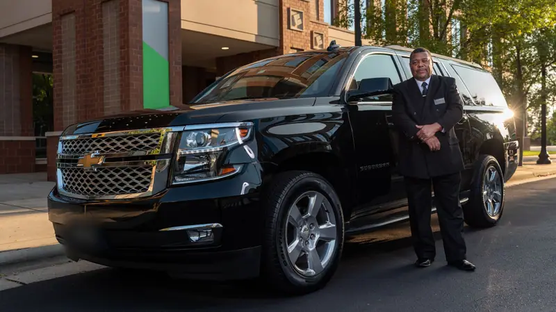 A chauffeur in a dark suit beside a black Chevrolet Suburban